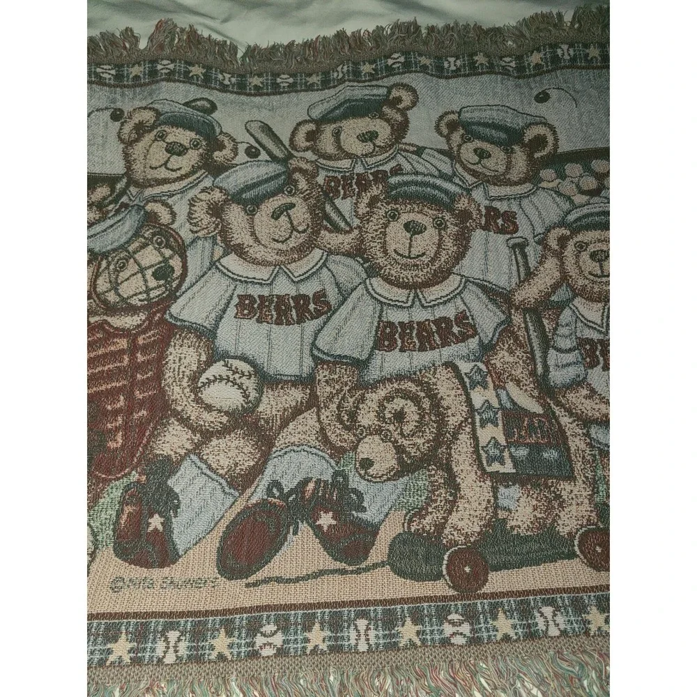 Nita Showers Teddy Bear Baseball Woven Tapestry Throw Blanket Fringed 39x33